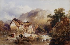 Landsbyen Sayn, ved elven Bertich Bach, Preussen (kroppsfarge og akvarell på papir)